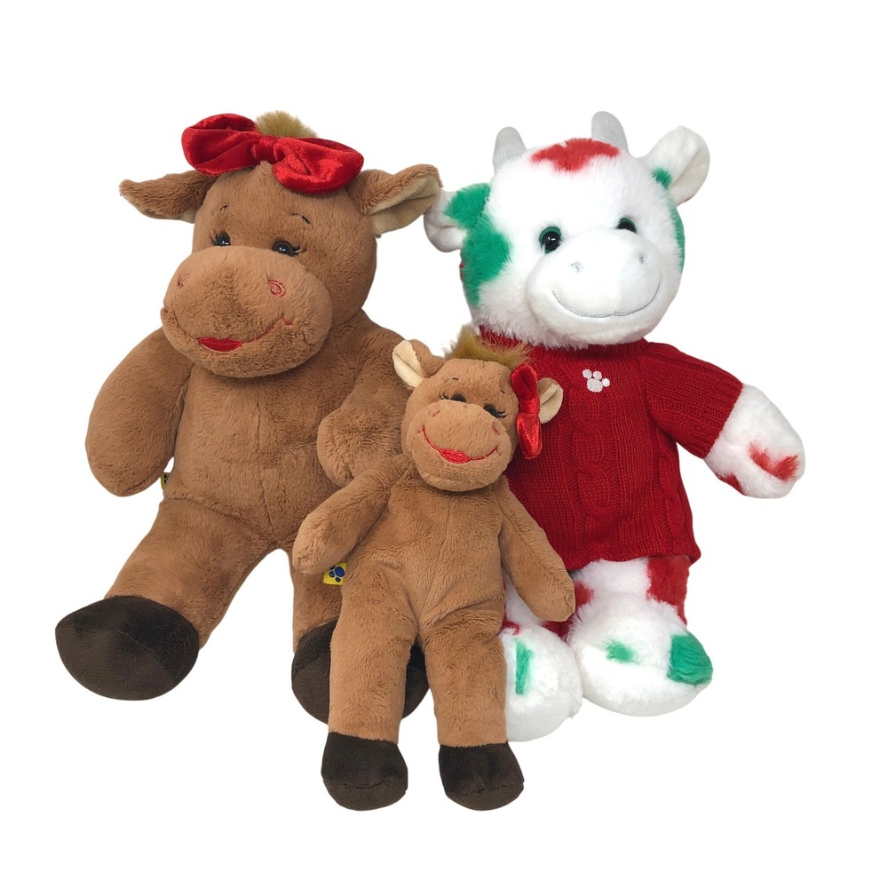 Build A Bear Plush Holly Moose + Smallfry Christmas Cow Lot 3 Red Sweater Bows